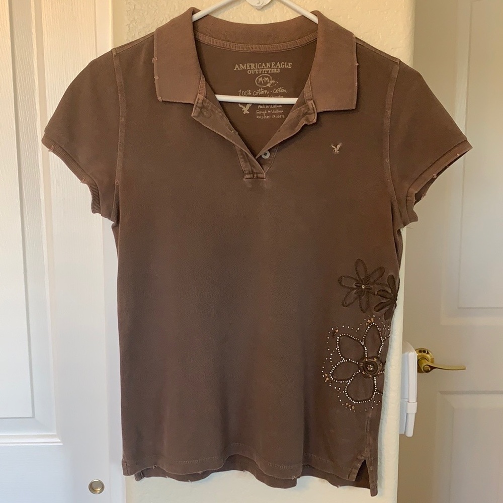 American Eagle Distressed Beaded Polo Shirt Women's Size M
